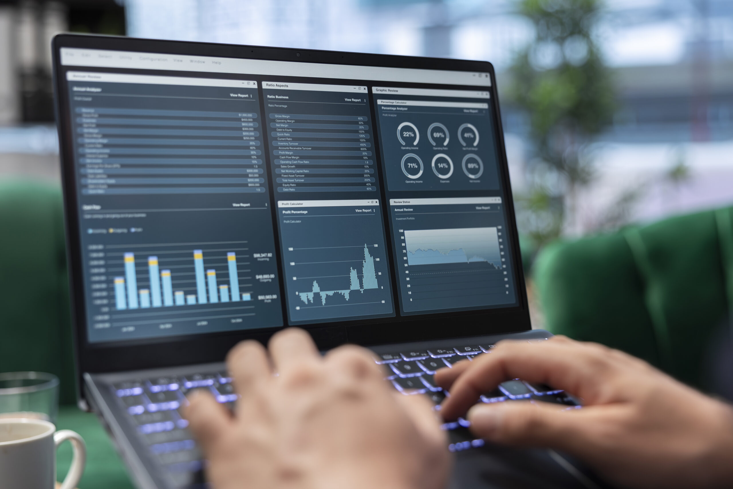 Ambitious leader works in office on infographics reports and setting objectives Close up of server room employee analyzing equipment metrics on device screen